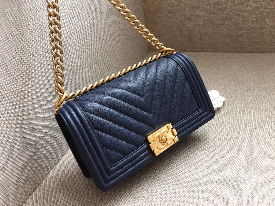 Caviar Medium Boy Handbag Flap Bag A67086 Dark Blue/Gold